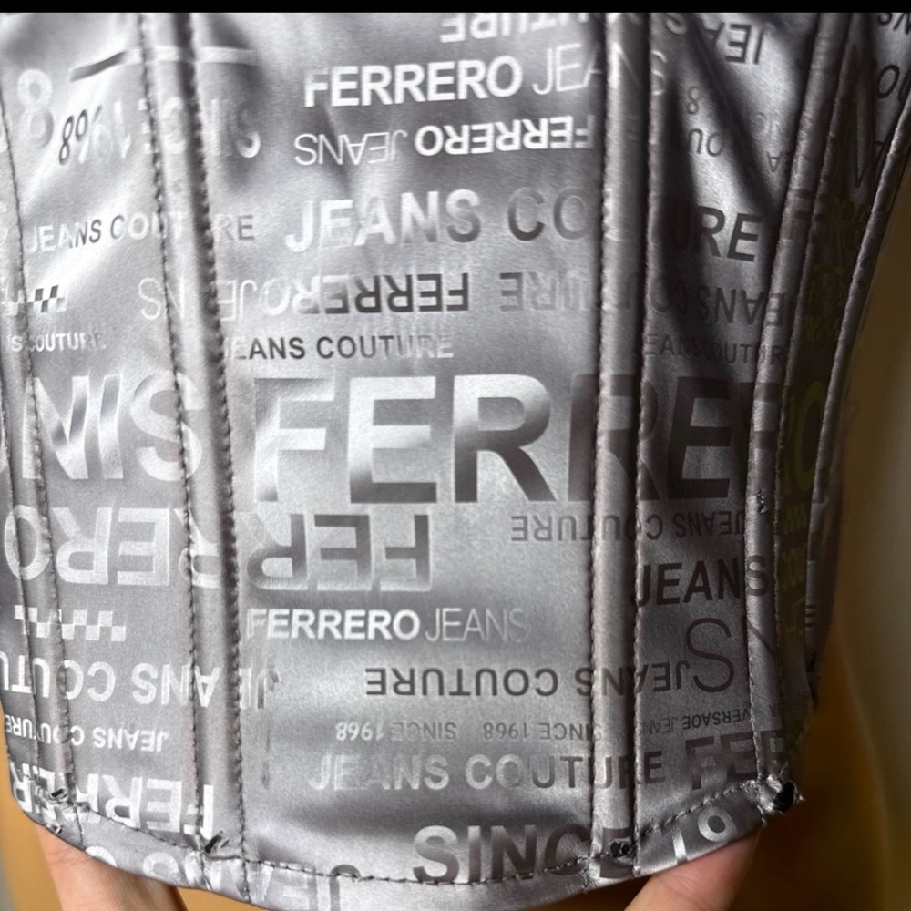 AKIRA Silver and Black Text Print Satin Corset Tank Top - Picture 2 of 4